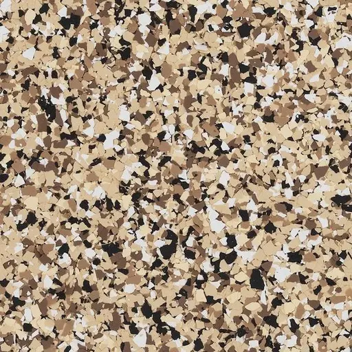 Cappuccino brown flake epoxy garage floor with a coated step-down in Georgetown, TX